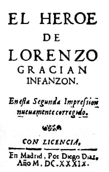 Baltasar Gracián - Portada de «El Héroe», de Baltasar Gracián (Madrid, Diego Díaz, 1639)
