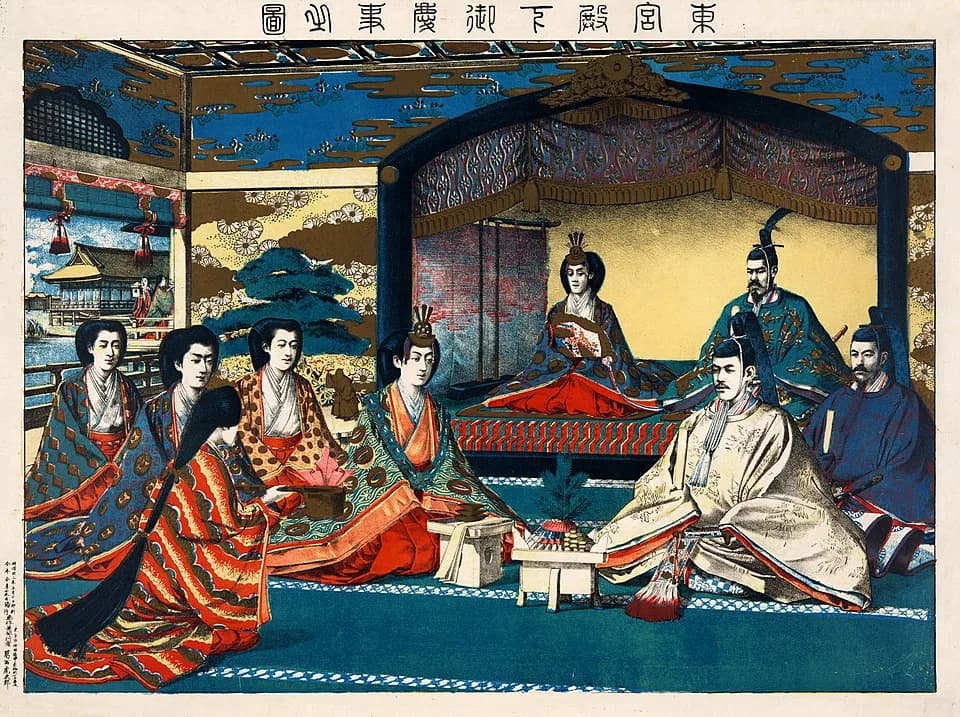 Emperor Taishō - Wedding of Crown Prince Yoshihito and Princess Kujō Sadako. The Crown Prince and the Princess at their wedding reception; The Meiji Emperor of Japan, other members of the imperial fam