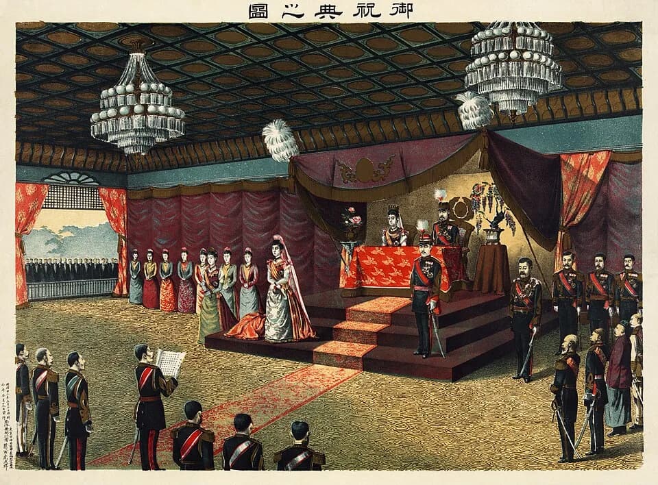 Emperor Taishō - Wedding reception of Crown Prince Yoshihito and Princess Kujō Sadako. The Crown Prince and the Princess at their wedding reception; The Meiji Emperor of Japan, other members of the im