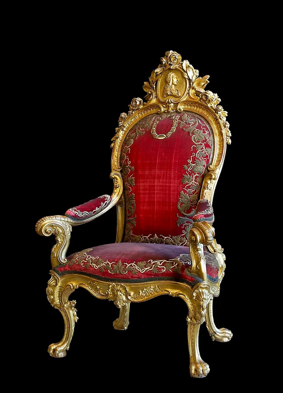 Charles III of Spain - Throne made for King Charles III of Spain, whose profile features in the medallion atop the backrest. Since the reign of King Alfonso XII (1874-1885), every Spanish sovereign ha