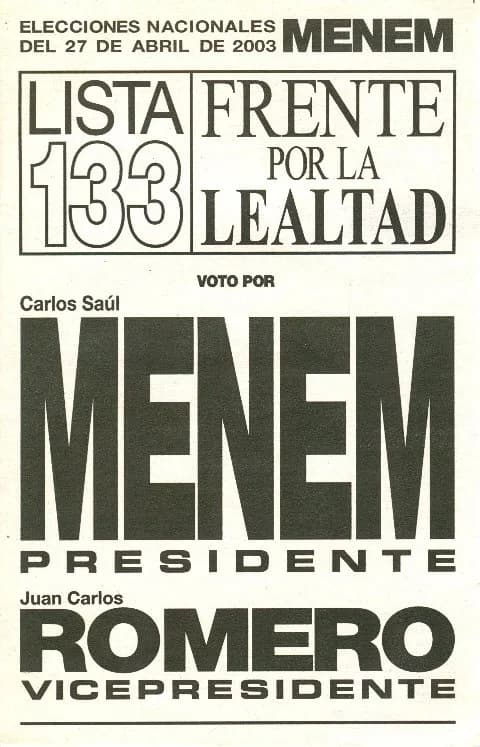 Carlos Menem - Boleta electoral de las Elecciones de Argentina de 2003 con la fórmula Menem-Romero