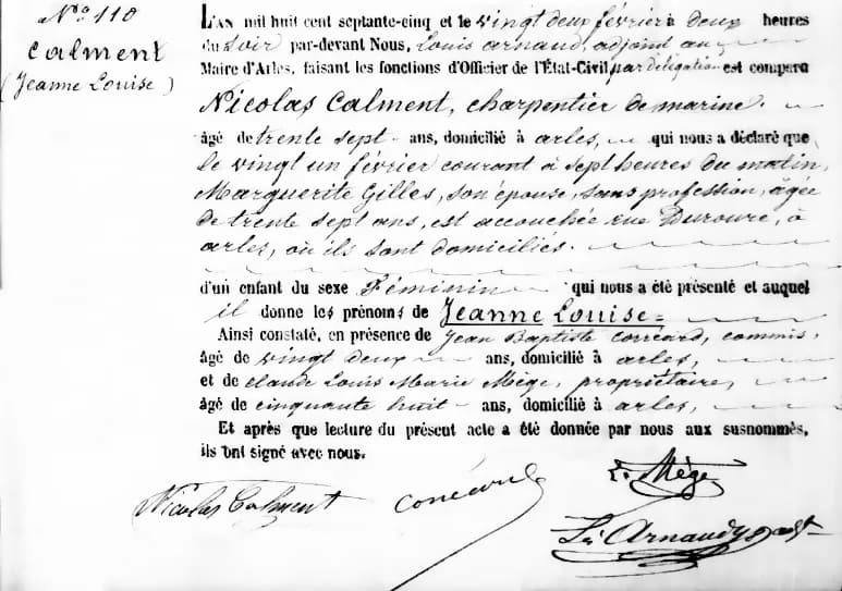 Jeanne Calment - Jeanne Calment's birth certificate