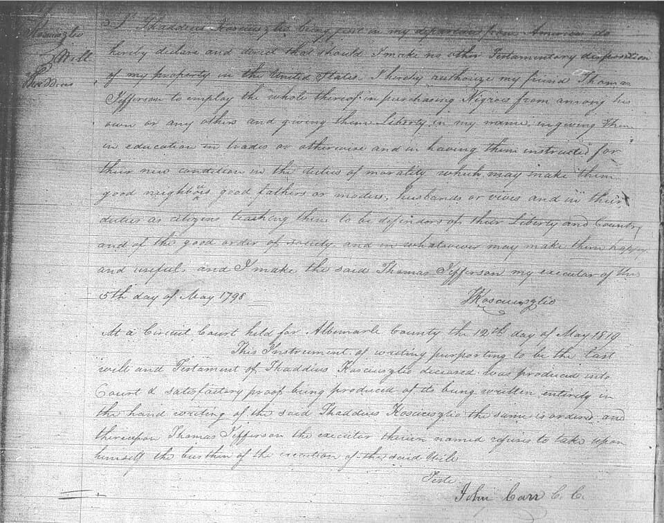 Tadeusz Kościuszko - Thaddeus KOSCIUSZKO, will, dated 5 May 1798, presented 12 May 1819
Albemarle Co., VA, Circuit Court Will Book No. 1, 1798-1844, p. 42
The Library of Virginia, Albemarle Co. Micr