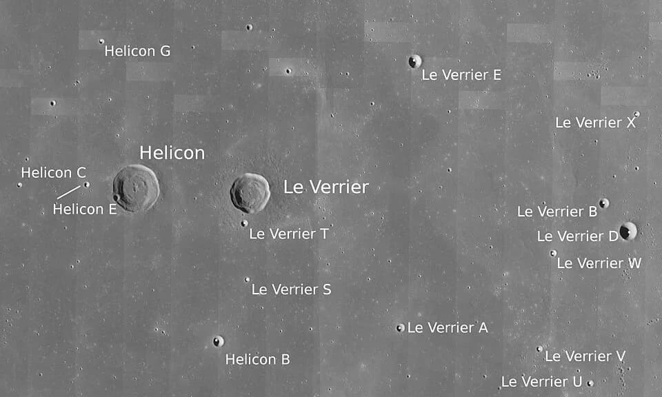Urbain Le Verrier - Craters Helicon and Le Verrier with satellite features (detail of LRO - WAC global moon mosaic; Mercator projection)