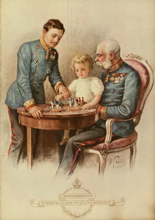 Charles I of Austria - "Österreichs Vertrauen und Zuversicht". Kaiser Franz Joseph, Erzherzog Karl und Erzherzog Otto mit Spielzeugsoldaten, Farblithografie, 1915; Schloß Schönbrunn