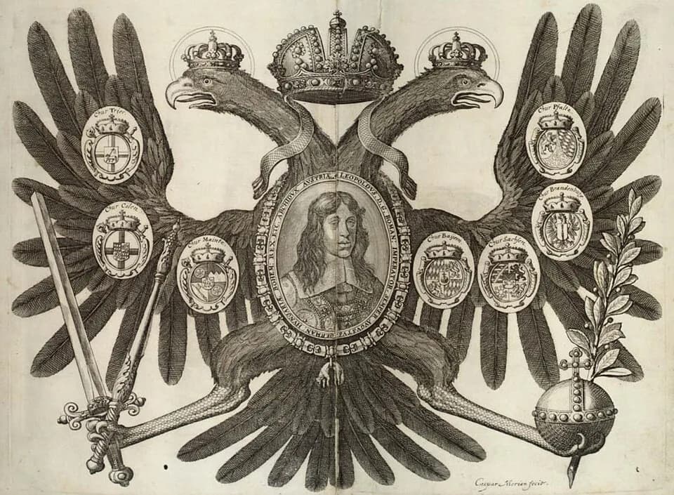Leopold I, Holy Roman Emperor - Reichsadler mit den kurfürstlichen Wappen und dem Porträt Leopolds I. in Caspar Merians Krönungsdiarium von 1658 (nähere Beschreibung bei de:wikisource).
