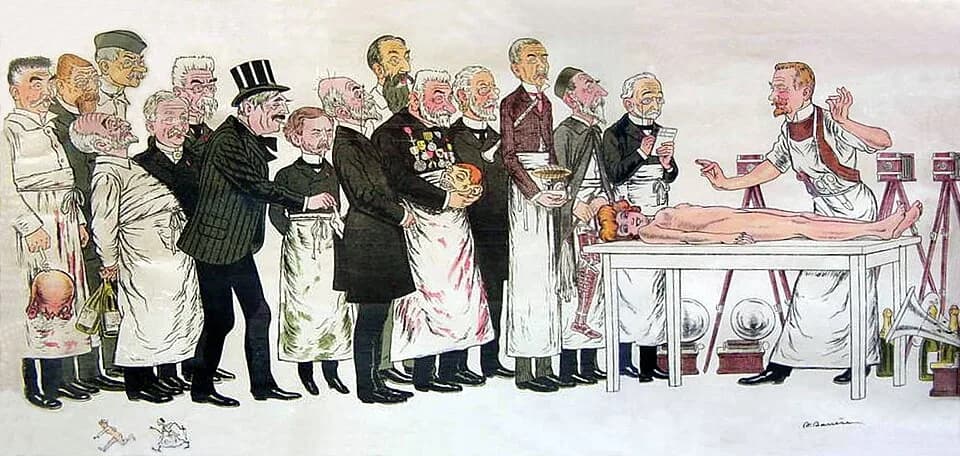 Charles Richet - "The Naked Lady" lithograph 
Caricatured professors in the Faculté de Médecine of Paris in the early 1900s. Paul Segond (Surgery), Jules Dejerine (Neurology), Félix de Lapersonne (Oph