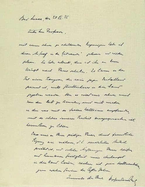 Hugo von Hofmannsthal - Brief Hugo von Hofmannsthal an den Romanisten Karl Vossler, eigenhändiger Brief mit Unterschrift, Bad Aussee 27. November 1925.
"Mit einem schwer zu schildernden Vergnügen ha