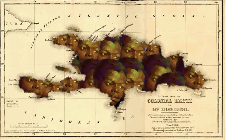 Alejo Carpanter - "O Reino deste Mundo", 2019. Colagem digital utilizando uma pintura de Toussaint L'Overture e o mapa da colônia do Haiti em 1795.
