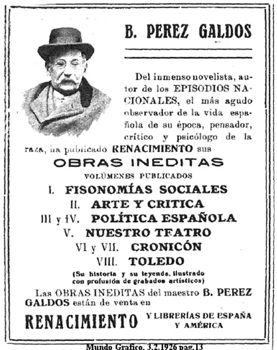 Benito Pérez Galdós - Inserzione pubblicitaria delle Opere inedite del romanziere spagnolo Benito Perez Galdos