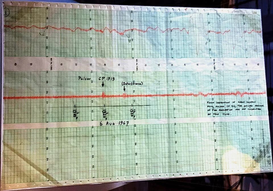 Antony Hewish - The chart examined by Jocelyn Burnell in August 1967 with data from the 4 Acre Array radio telescope, showing the trace of the first identified pulsar, subsequently designated PSR B191
