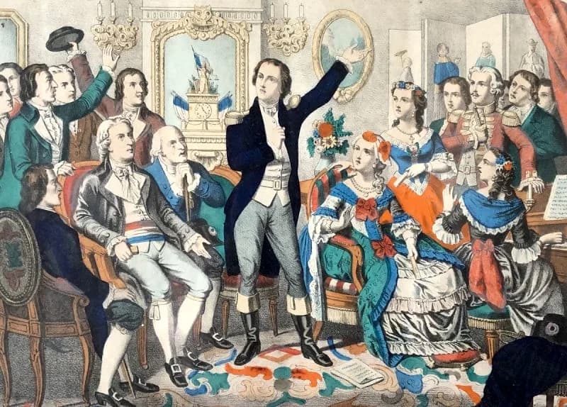 Claude Joseph Rouget de Lisle - Rouget de Lisle, Composer of the Marseillaise, sings it for the first time. French painting. Note: The text below the Print reads: Lith. Wenzel, Wissembourg, Alsace, G