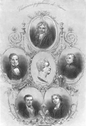 Claude Joseph Rouget de Lisle - Portraits of French songwriters. Centre: Claude Joseph Rouget de Lisle. Left: Casimir Delavigne.