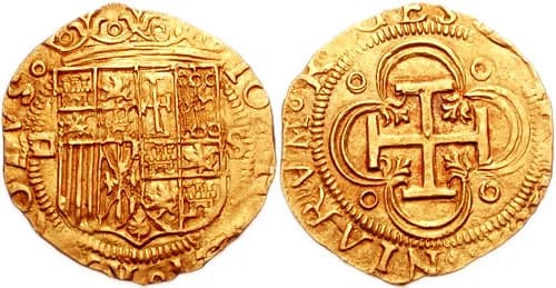 Juana I of Castile - Spain. Joan &amp; Charles I. 1504-1555. 
AV Escudo (24mm, 3.38 gm, 9h). Seville mint.
IOANA ET KAROLVSº, crowned coat-of-arms; square d (P) and S at sides
+HISPANIARVM REGES SICIL