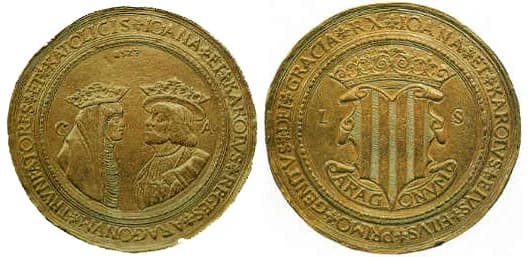Juana I of Castile - Cien Ducados de Oro (350 gramos y 82 milímetros de diámetro) Acuñada en 1528 en conmemoración del juramento de Carlos I (V del Sacro Imperio) como rey de Aragón.
ANVERSO: Efigies 
