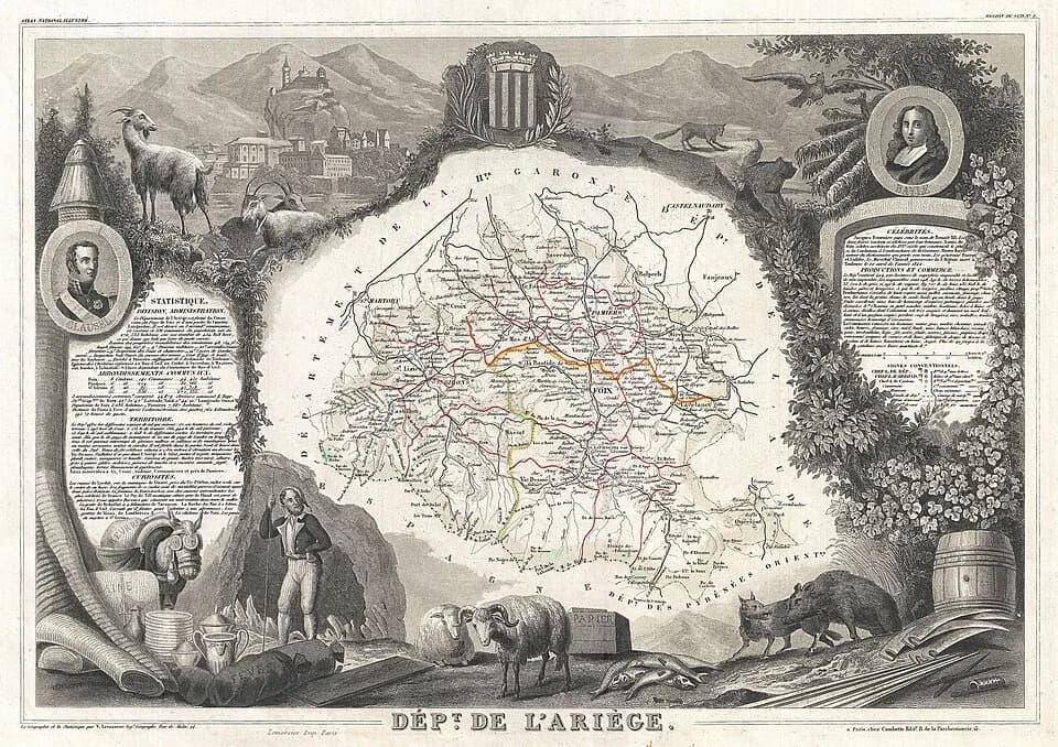 Pierre Bayle - This is a fascinating 1857 map of the French department of Ariege, France.  This area of France is known for its production of semi-soft and mild cheeses, such as Bethmale, Bamalous, Mo