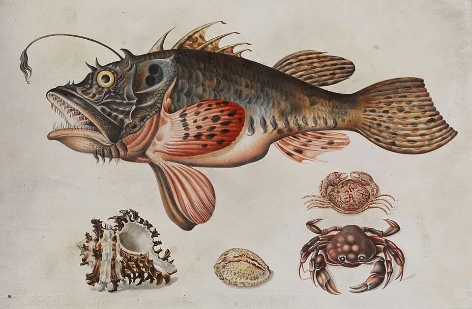 Maria Sibylla Merian - Tiefseefisch, Krabben und Meeressschnecken. Aquarell/Gouache auf Karton. 27 x 40 cm.