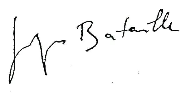 Georges Bataille - Signature de l'écrivain et philosophe français Georges Bataille. Scan d'après correspondance.
Cette image ou le texte qui y est représenté est seulement composé de formes géométriqu