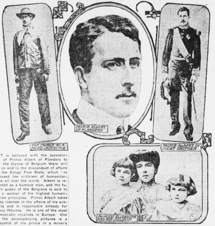Albert I of Belgium - Newspaper clipping upon the accession of Albert I as King of the Belgians, with Albert in miner's attire after having made an inspection of a mine. Also shown: Princess Elizabeth