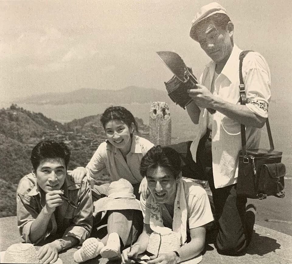Momoko Kōchi - From left to right: Akira Takarada, Momoko Kochi, Akihiko Hirata and Sachio Sakai on the set of Godzilla (1954).