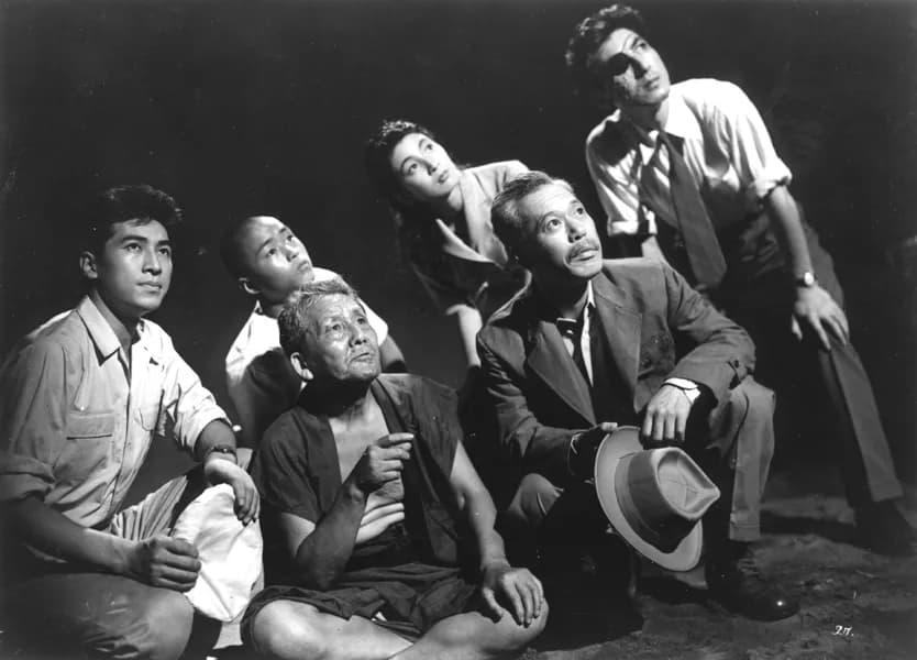 Momoko Kōchi - The main characters of Godzilla (1954). From left to right: Hideto Ogata (Akira Takarada), Shinkichi (Toshiaki Suzuki), the Odo Island elder (Kokuten Kōdō),
Emiko Yamane (Momoko Kōchi),