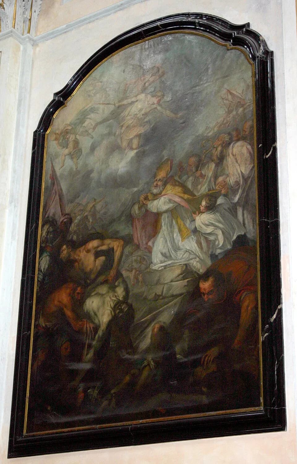 Luchino Visconti - Saint Ambrose intercending for the troops of Milan during the battle of Parabiago (1339). Painting by the abbott Ottolini beside the altar in San Bernardino alle ossa church in Mila