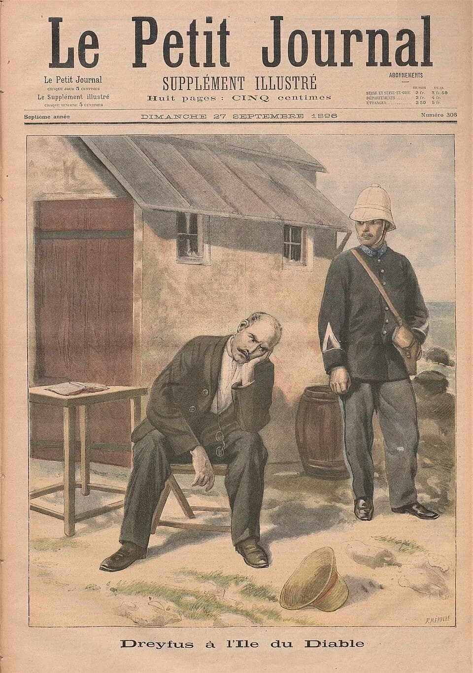 Alfred Dreyfus - Gravure de Fortuné Méaulle représentant Alfred Dreyfus à l'île du Diable, sous la surveillance d'un gardien. Une du supplément illustré du Petit Journal du dimanche 27 septembre 1896.
