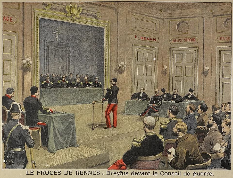 Alfred Dreyfus - Alfred Dreyfus au procès de Rennes (affaire Dreyfus), dessin d'Eugène Damblans dans le supplément illustré du Petit Journal, 20 août 1899.