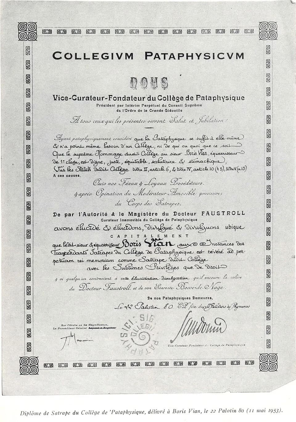 Boris Vian - Une reproduction du diplome de membre du Collège de Pataphysique de Boris Vian,  Document tiré de la revue trimestrielle "Bizarre", J. J. Pauvert, numéro spécial B. Vian de fevrier 1966 -