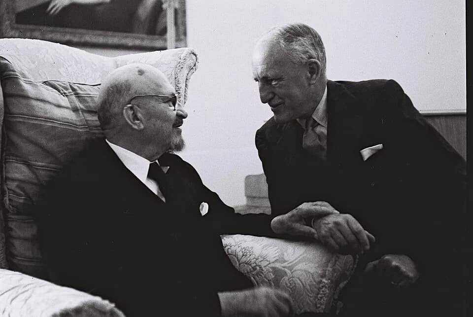 Chaim Weizmann - Original Description: BRITISH AMBASSADOR ALEXANDER KNOX HELM (RIGHT) IN CONVERSATION WITH PRES. WEIZMANN AT THE INDEPENDENCE DAY RECEPTION AT THE PRESIDENT'S RESIDENCE IN REHOVOT.