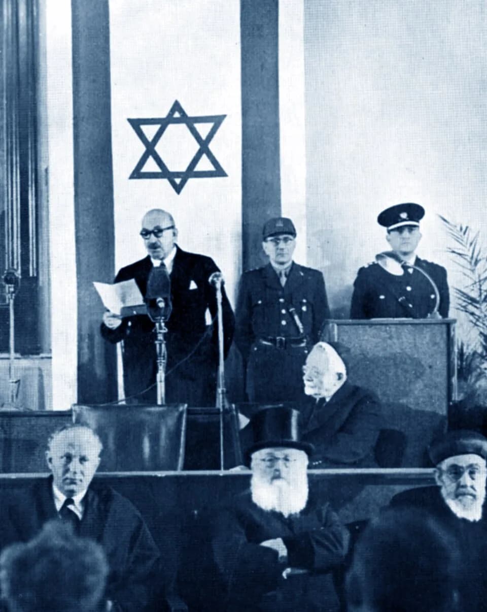 Chaim Weizmann - February 17, 1949 President Chaim Weizmann, was sworn in building national institutions. Top row left to right: commissioner Yehezkel Sahar, the president's military aide, president C