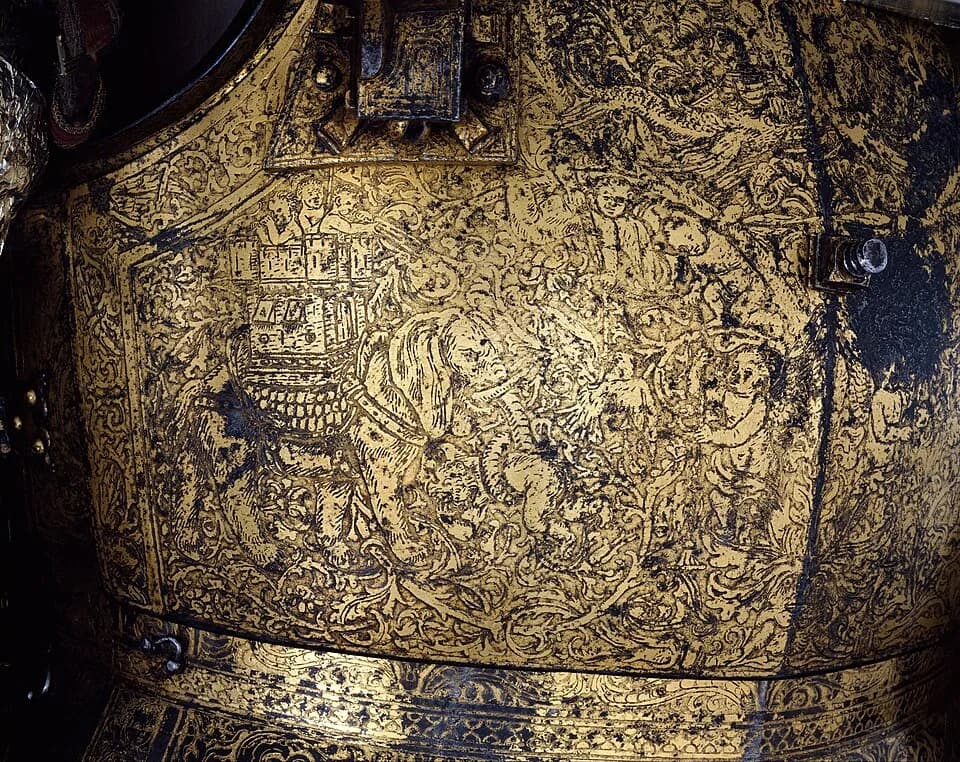 Hans Holbein the Younger - British, Greenwich; Armor garniture; Armor for Horse and Man. Damascene engraving depicts a war-elephant saddled with a tower inhabited by three putti, one holding a standar
