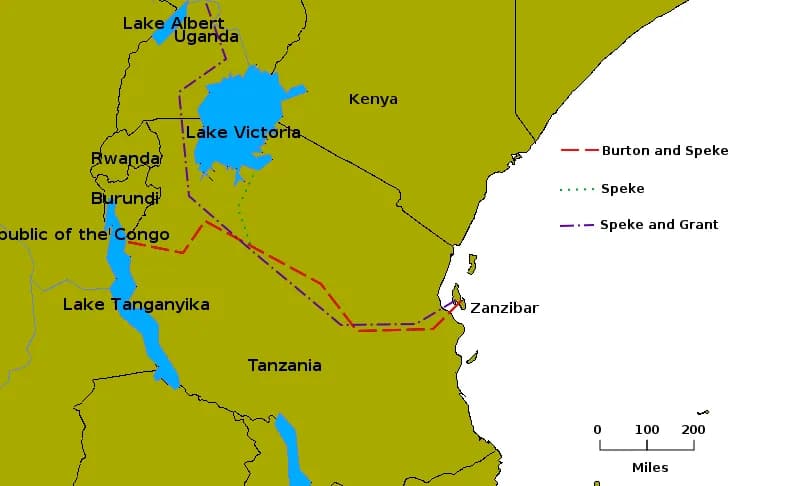 Richard Francis Burton - Routes taken by expeditions of Burton and Speke and Grant and Speke. Burton and Speke explored from the east coast as far as Tanganyika and then returned. Speke took a side jo