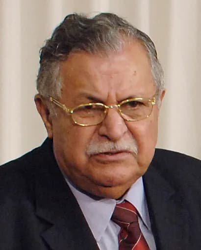 Jalal Talabani - Iraqi President Jalal Talabani (left) responds to a reporter's question during a joint press conference with Secretary of Defense Donald H. Rumsfeld following their meeting in the Pen