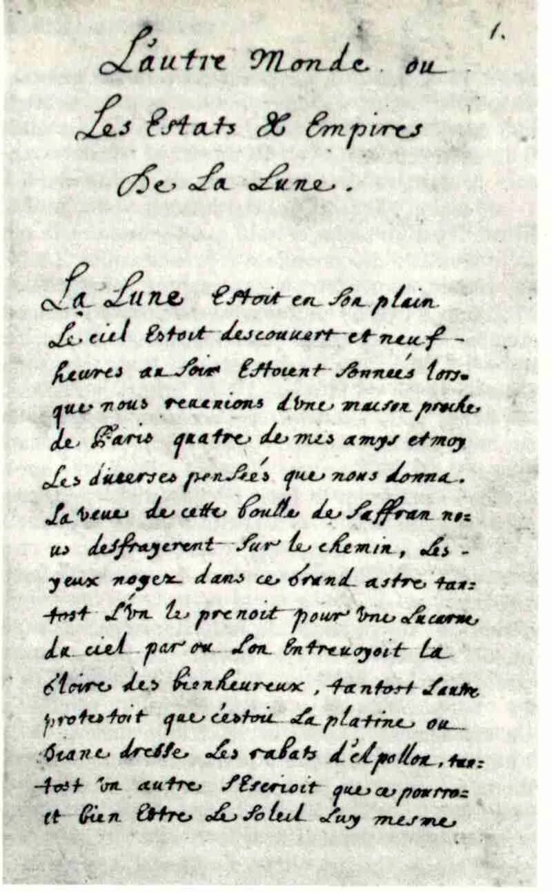 Cyrano de Bergerac - Manoscritto autografo de "L'altro mondo" di it:Savinien Cyrano de Bergerac (prima metà del it:XVII secolo).