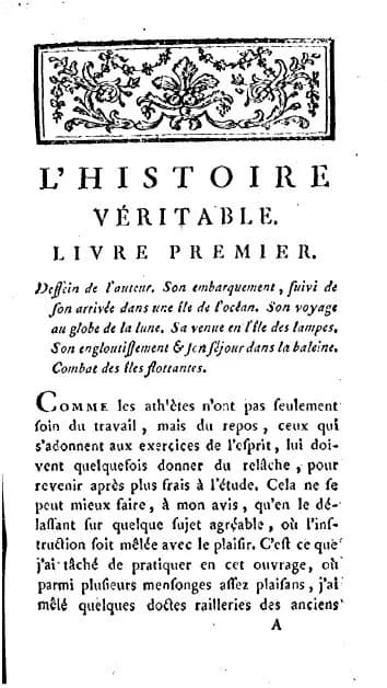 Cyrano de Bergerac - First page of Lucian of Samosata's "True Story", French translation and continuation by Nicolas Perrot d'Ablancourt, in a 1787 edition published in Amsterdam (regrouped with Cyran