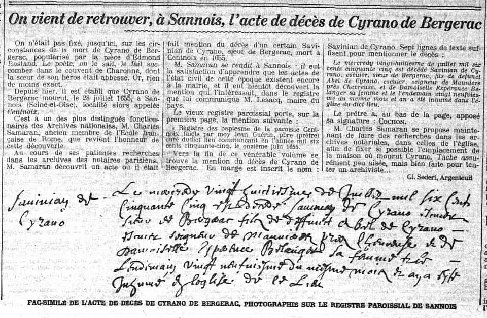 Cyrano de Bergerac - Article du Petit Parisien du 16 décembre 1910 annonçant la découverte par Charles Samaran de l'acte de décès de Cyrano.