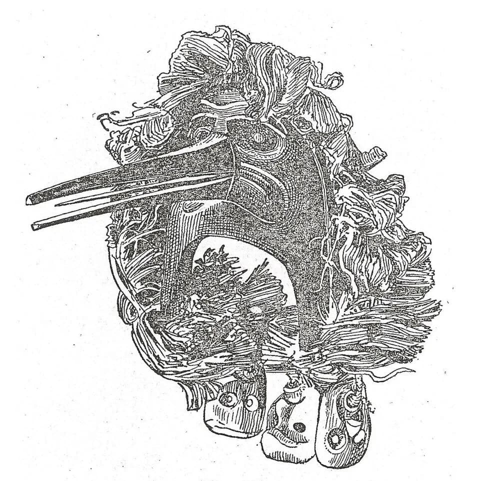 Franz Boas - "Fig. 128 HEAD MASK OF NĀ'NAQAUALIL, REPRESENTING THE HŌ'XHOKw". According to Kate Duncan, "With its cedar bark ruff and carved wooden skulls hanging below, the mask represents one of the