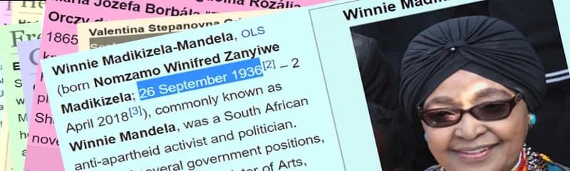 Winnie Madikizela-Mandela - These are banners used by #wikiwomeninred twitter stream with c. 1 per day. They are based on screen shots from the English Wikipedia and that use is acknowledged here and 