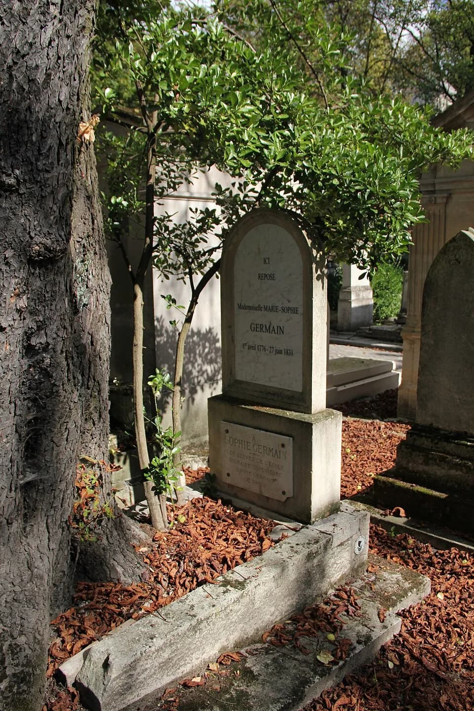 Sophie Germain - The grave-site of Sophie Germain in 16th Division, Père Lachaise, Paris. Roughly at these coordinates (48.859352,2.394188) under the tree directly behind mausoleum of Daudin Moreau, w