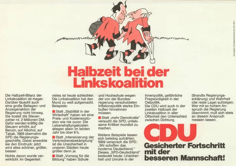 Walter Scheel - Halbzeit bei der Linkskoalition Die Halbzeit-Bilanz der Linkskoalition ist mager. ... Statt "Stabilität in der Wirtschaft" haben wir eine Preis- und Kostenexplosion wie nie zuvor. ... 