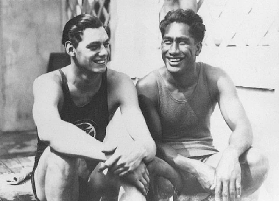 Johnny Weissmuller - Johnny Weissmuller, American Olympic swimmer, 1904-1984, with Duke Kahanamoku, at the 1924 Paris Olympics.