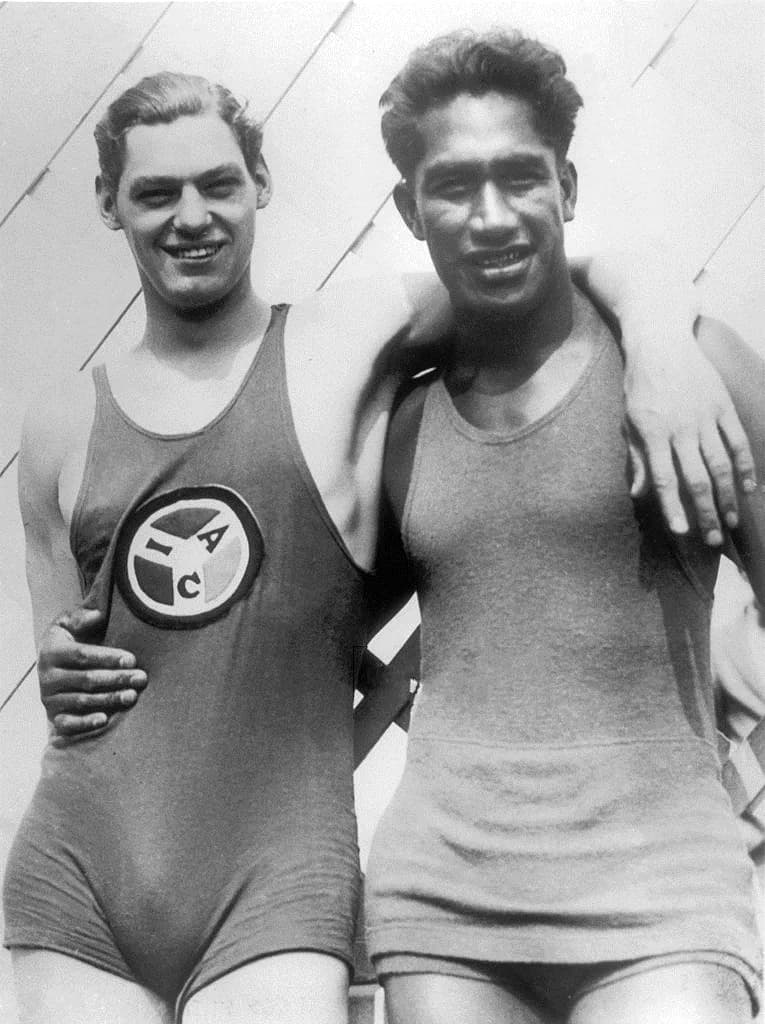 Johnny Weissmuller - Johnny Weissmuller, American Olympic swimmer, 1904-1984, with Duke Kahanamoku, at the 1924 Paris Olympics.