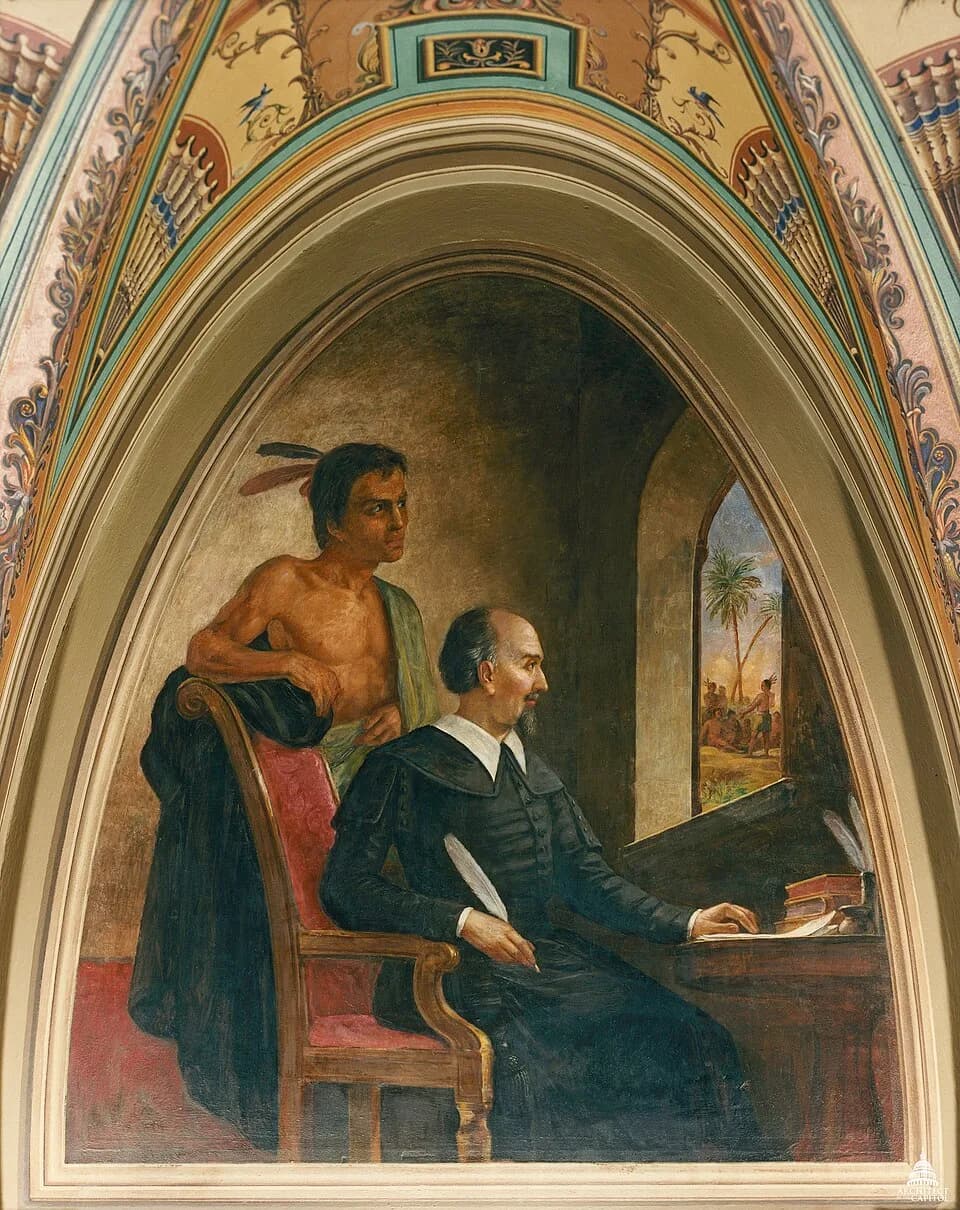 Bartolomé de Las Casas - Constantino Brumidi
Oil on plaster
1876
Senate wing
U.S. Capitol
Brumidi showed the priest at his desk with an Indian companion, looking out a window at the native peoples who