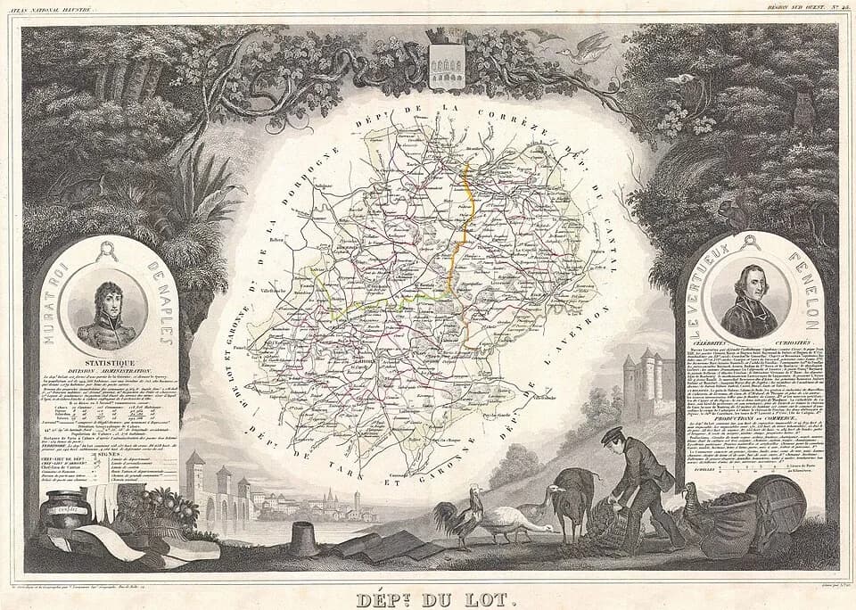 François Fénelon - This is a fascinating 1847 map of the Department du Lot, France.  This region is known for its agriculture, distilled spirits, wines, and fine hunting.  The capital is Cahors.  Caho