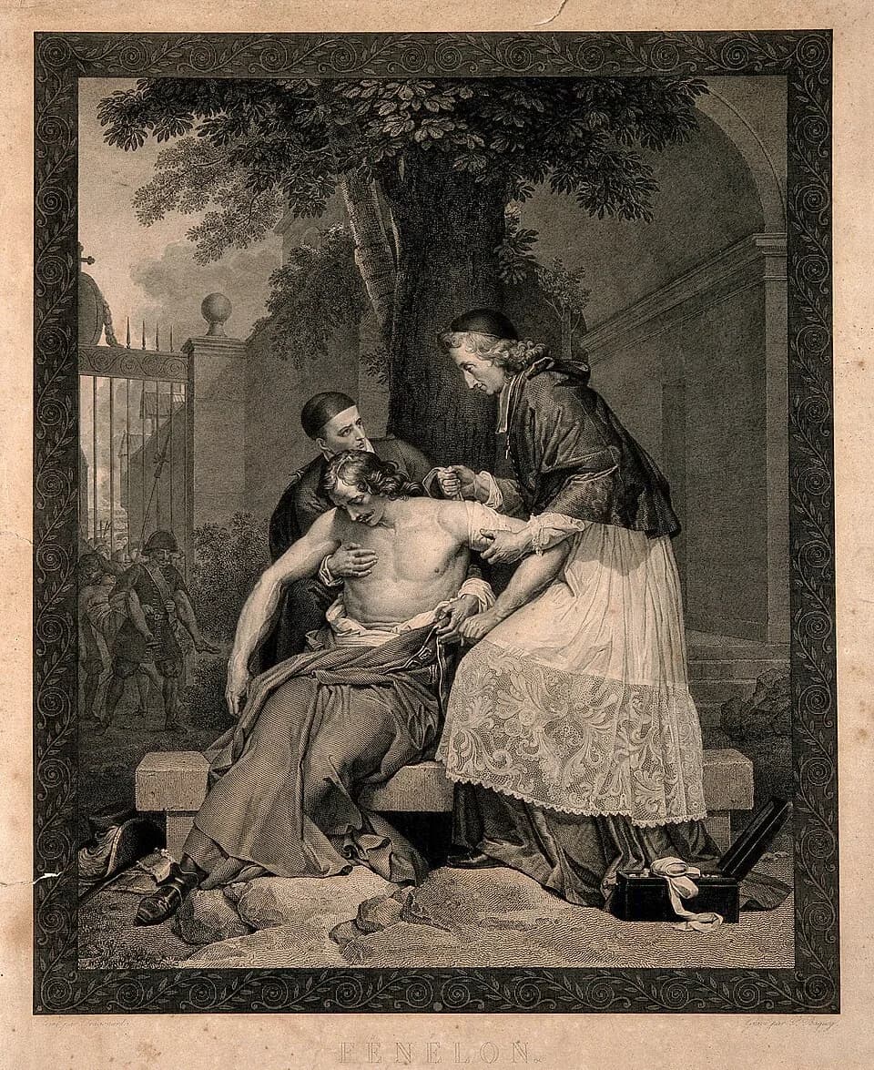 François Fénelon - Cardinal Camerlengo with the dead man. Engraving. Fénelon, ce venérable prélat, après la bataille de Malplaquet.. François Fénélon tending the wounds of a man supported by a cleric;