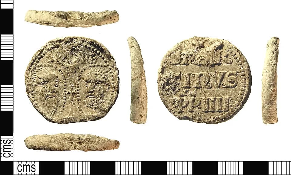Martin IV - A complete Medieval cast lead papal bulla of Pope Martin IV (1281-1285 AD).
The object is sub-circular in plan. It has small openings at the top and bottom to allow the thread to be insert