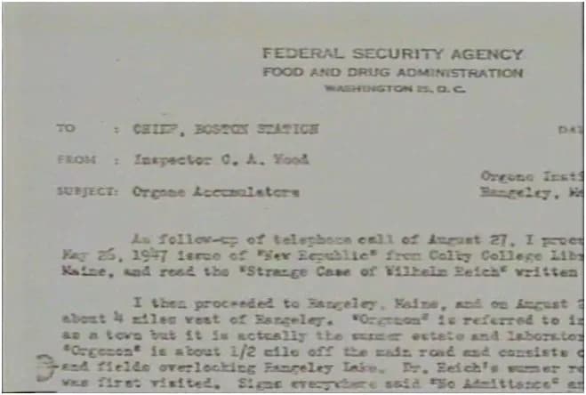 Wilhelm Reich - Letter from the FDA, August 1947, about Wilhelm Reich