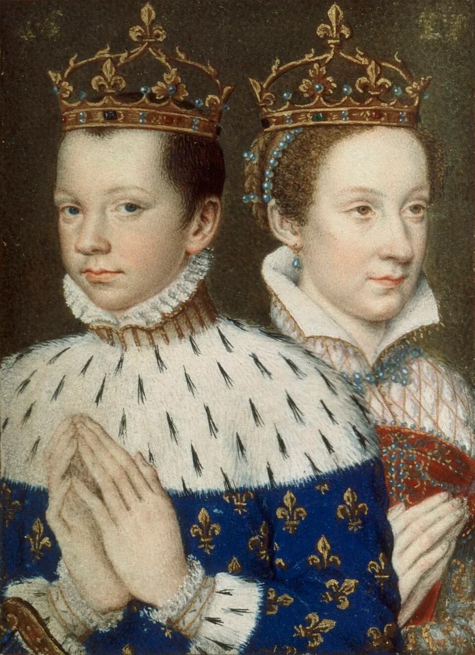 Francis II of France - Francis II, King of France, and his wife, Mary Stuart, Queen of France and Scotland. Miniature taken by Catherine de' Medici's Book of Hours, BnF, NAL 83, folio 154 v.