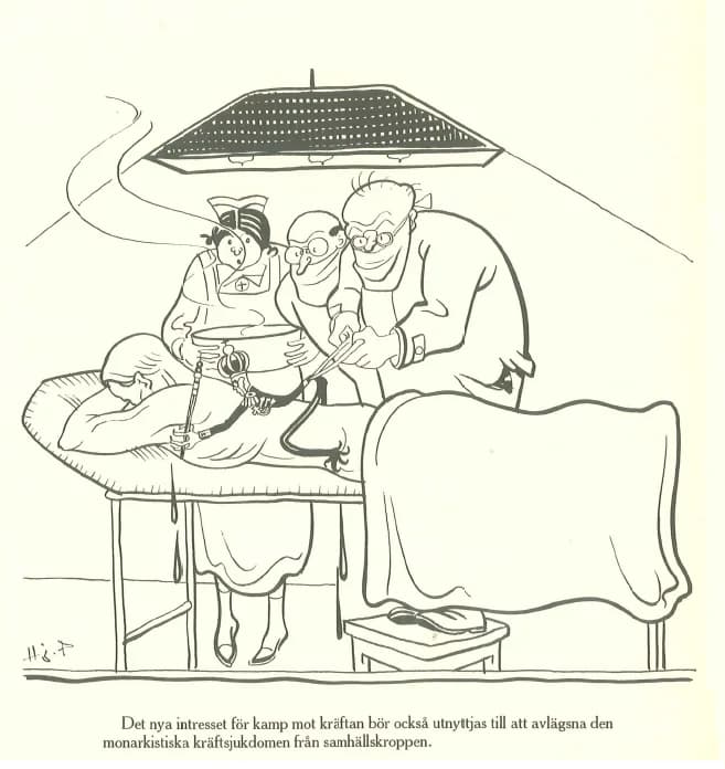 Gustaf V of Sweden - caricature of Gustaf V of Sweden by Hjalmar Pettersson published in Folkets Dagblad Politiken April 30, 1928. The captions reads "Det nya intresset för kamp mot kräftan bör också 